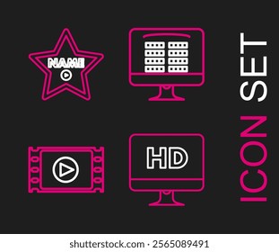 Set line Computer PC monitor with HD video technology, Play Video, Buy cinema ticket online and Hollywood walk of fame star celebrity boulevard icon. Vector