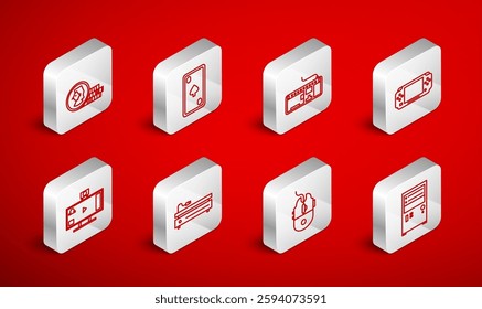 Set line Computer, Playing card with diamonds, keyboard, Portable video game console, mouse gaming, Coin for, Video and Live streaming online icon. Vector