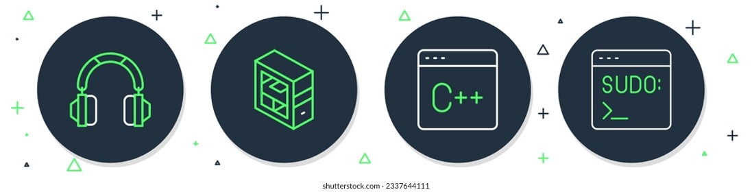 Set line Computer, Software, Headphones and Code terminal icon. Vector