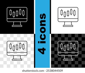 Set line Computer with stocks market growth graphs and money icon isolated on black and white, transparent background. Monitor with stock charts arrow on screen.  Vector