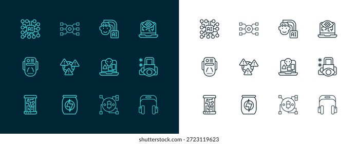 Visión por computadora, bebida energética, piratería en Internet, tecnología Blockchain, Bitcoin, Tierra con signo de exclamación, robot humanoide, red neuronal e icono. Vector