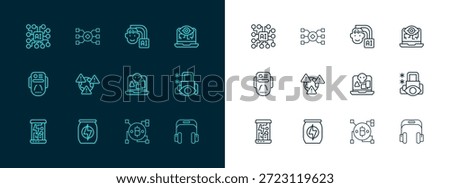 Set line Computer vision, Energy drink, Internet piracy, Blockchain technology Bitcoin, Earth with exclamation mark, Humanoid robot, Neural network and  icon. Vector