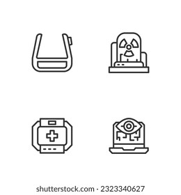 Set line Computer vision, First aid kit, Smart glasses spectacles and Radioactive warning lamp icon. Vector