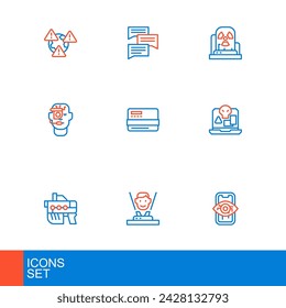 Fijar la línea Visión de ordenador, Holograma, arma futurista, piratería en Internet, gafas inteligentes, tarjeta de crédito, lámpara de advertencia radioactiva y el icono de chat de burbuja de voz. Vector