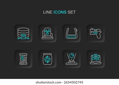 Set line Computervision, Hologramm, Energy drink, Kryogenische Kapseln, Futuristische Waffe, Intelligente Brille Brille, Radioaktive Warnlampe und Cloud Datenbank Symbol. Vektorgrafik