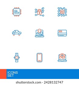 Set line Computer Vision, Handy, Armbanduhr, Kreditkarte, Fantastisches Fliegen, Internet-Piraterie, Neuronales Netzwerk und Cyber-Sicherheit Symbol. Vektor