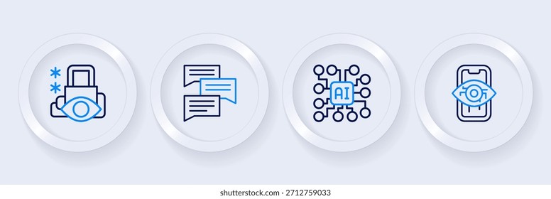 Visión por computadora, red neuronal, chat de burbujas de voz e icono de seguridad cibernética. Vector