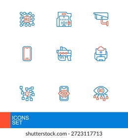 Visión por computadora, red neuronal, base de datos en la nube, teléfono móvil, arma futurista, cámara de seguridad e icono de puertas correderas. Vector