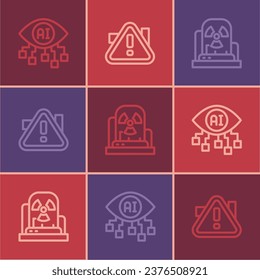 Set line Computer vision, Radioactive warning lamp and Exclamation mark triangle icon. Vector