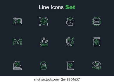 Set line Computer vision, Radioactive waste in barrel, Network cloud connection, warning lamp, Energy drink, Humanoid robot, Mechanical hand and Neural network icon. Vector