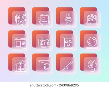 Set line Computer vision, Security camera, Radioactive waste in barrel, Katana, Motherboard, Wrist watch, Humanoid robot and Processor CPU icon. Vector