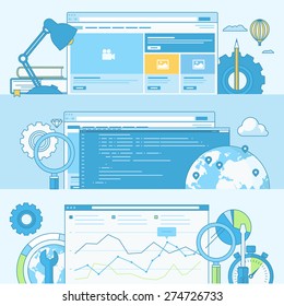 Set of line concept banners with flat design elements. Concepts for web design and development, coding, SEO.