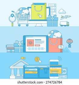 Set of line concept banners with flat design elements. Concepts for e-commerce, m-commerce, online shopping, online payment, m-banking.