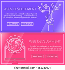 Set of line concept banners for website development, app development, mobile web development, seo. Perfect for use in: background, web banner, promotional materials, poster, presentation templates. 