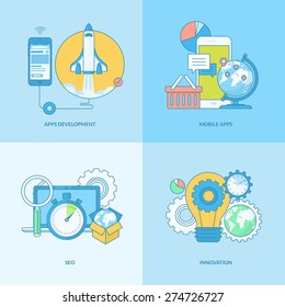 Set of line concept icons with flat design elements. Icons for websites and apps design and development, SEO, mobile sites and apps development, innovation.