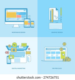 Set of line concept icons with flat design elements. Icons for web design, responsive design, graphic design, digital marketing, finance, pay per click.