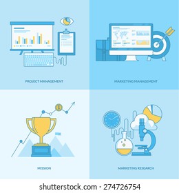 Set of line concept icons with flat design elements. Icons for business, project management, marketing management, mission, marketing research.