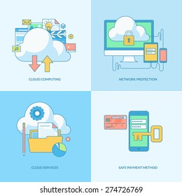 Set Of Line Concept Icons With Flat Design Elements. Icons For Cloud Computing, Network Protection, Online Payment Security.