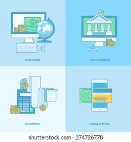 Set of line concept icons with flat design elements. Icons for m-banking, online banking, finance, accounting, earn online.