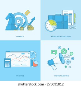 Set of line concept icons with flat design elements. Icons for business, strategy, analytics, marketing management, digital marketing, social media.    