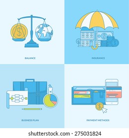 Set of line concept icons with flat design elements. Icons for business, finance, banking, payment method, insurance.    