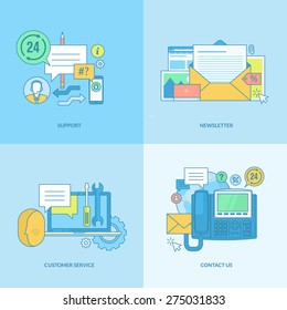 Set of line concept icons with flat design elements. Icons for support, newsletter, contact us, customer service.    