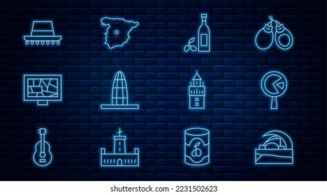 Línea Concert hall de Tenerife, Omelet en sartén, Botella de aceite de oliva, Torre Agbar, Arte fotográfico, sombrero español, Giralda e icono de Map España. Vector