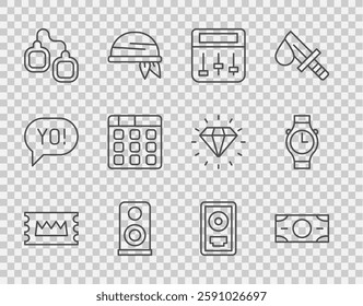 Set line Concert ticket, Stacks paper money cash, Drum machine music, Stereo speaker, Handcuffs, CD disk award frame and Wrist watch icon. Vector