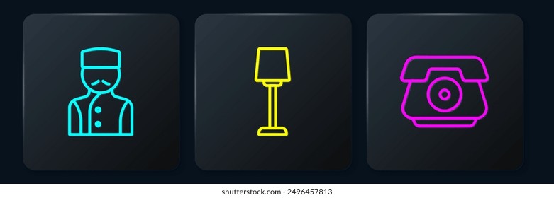 Set line Concierge, Telephone handset and Table lamp. Black square button. Vector