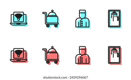 Set line Concierge, Wireless laptop, Covered with tray and Shower cabin icon. Vector