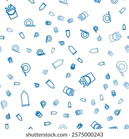 Set line Condom, Bucket with soap suds and Dental floss on seamless pattern. Vector