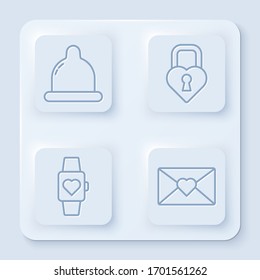 Set line Condom, Castle in the shape of a heart, Heart in the center wrist watch and Envelope with Valentine heart. White square button. Vector