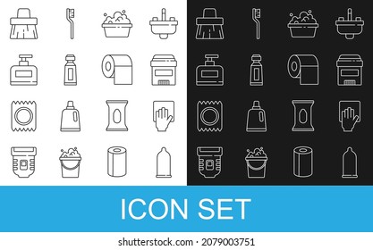Set Linie Kondom, Reinigungsservice, Antiperspirantenrolle, Waschbecken mit Seifensuden, Tube aus Zahnpasta, Flaschenhampoo, Handbroom und Toilettenpapier Ikone. Vektorgrafik