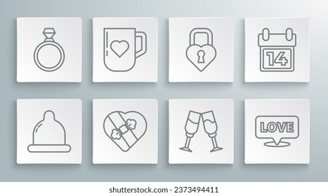 Fijar la línea Condón, taza de café y corazón, Candy en forma de caja, Champagne de vidrio, Burbuja de Discurso con el amor de texto, Castillo el, Calendario 14 de Febrero e icono del anillo de compromiso de Diamantes. Vector