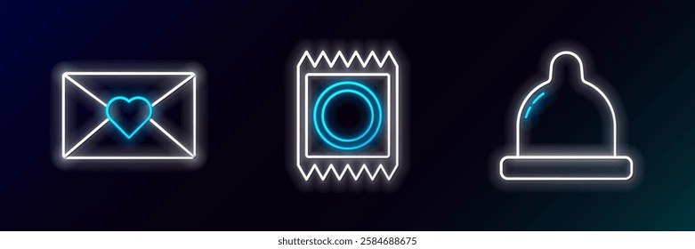 Set line Condom, Envelope with Valentine heart and package icon. Glowing neon. Vector