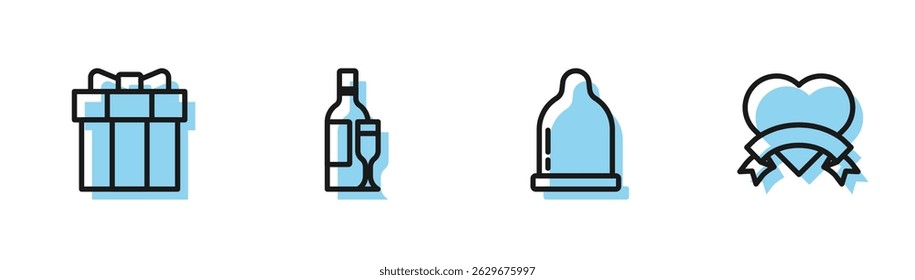 Set line Condón, caja de regalo, botella de champán e icono de corazón. Vector