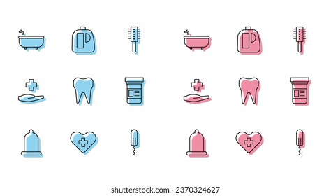 Set line Condom, Heart with a cross, Bathtub, Sanitary tampon, Tooth, Medicine bottle, Cross hospital medical and Bottles for cleaning agent icon. Vector