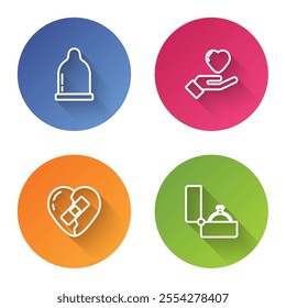 Set line Condom, Heart in hand, Healed broken heart and Diamond engagement ring. Color circle button. Vector
