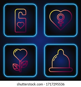 Set line Condom, Heart shape in a flower, Please do not disturb with heart and Heart with female gender. Gradient color icons. Vector