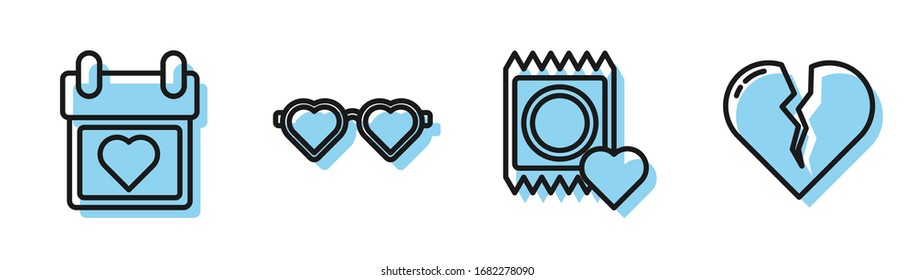 Fije la línea Condón en el paquete, Calendario con corazón, lentes de amor en forma de corazón e ícono de corazón roto o divorcio. Vector