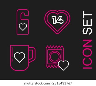 Set line Condón en paquete, taza de café y corazón, corazón y por favor no molestar con el icono. Vector