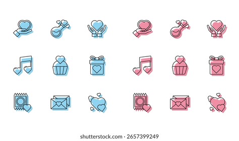 Set line Condom in package, Envelope with Valentine heart, Heart hand, Wedding cake, Gift box, Music note, tone hearts and Bottle love potion icon. Vector