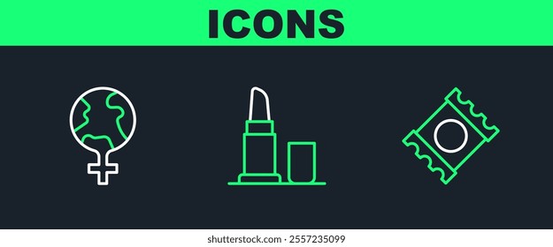 Set line Condom in package, Feminism the world and Lipstick icon. Vector