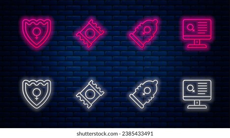 Establece la línea Condom en el paquete, escudo de género, aplicación de citas y sexo femenino. Icono de neón brillante en la pared de ladrillo. Vector