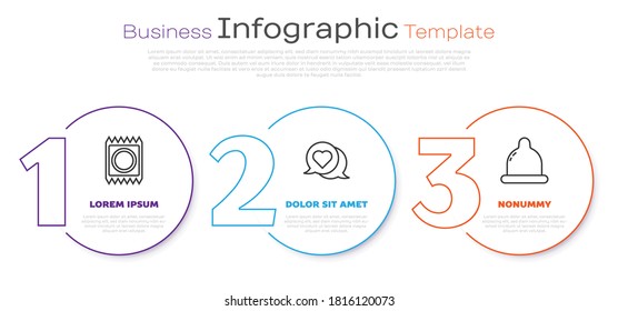 Fijar la línea Condón en el paquete, el corazón en la burbuja del habla y el preservativo. Plantilla de infografía de negocios. Vector