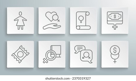 Set line Condom in package, Heart with female gender, Book about women, Gender equality, Feminism finance, Money growth woman and Female icon. Vector