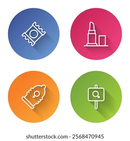 Set line Condom in package, Lipstick,  and Feminist activist. Color circle button. Vector