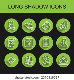 Set line Condom in package, Money growth woman, Gender, Heart with female gender, equality, Feminist shirt, activist and Dating app icon. Vector