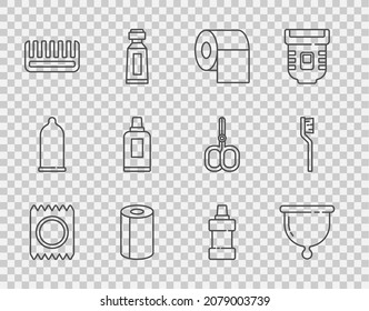 Fijar la línea Condón en el sexo seguro del paquete, taza menstrual, rollo de papel higiénico, toalla de papel, cepillo de pelo, botella para agente de limpieza e icono de cepillo de dientes. Vector