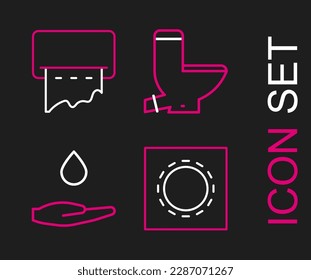 Set line Condom in package safe sex, Washing hands with soap, Toilet bowl and Paper towel dispenser wall icon. Vector
